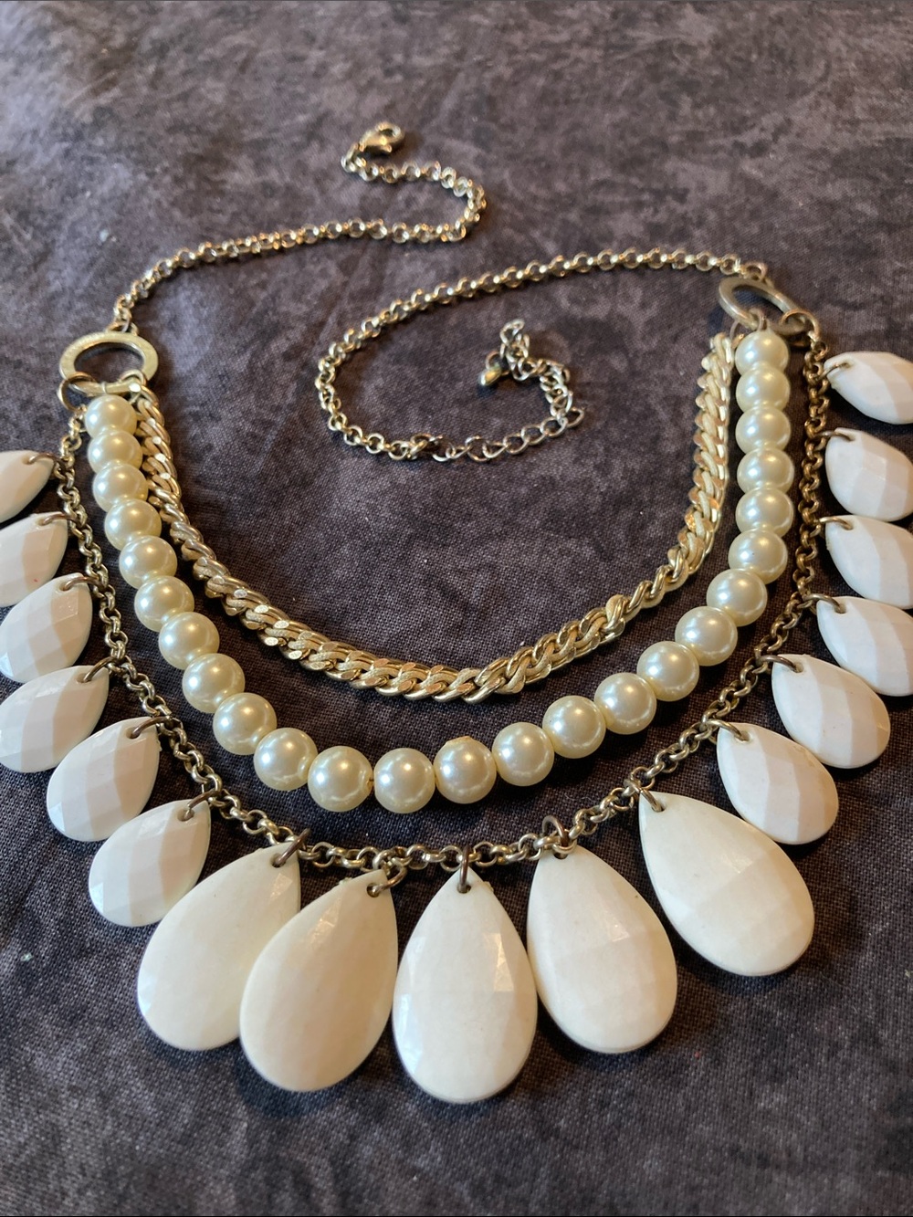 Gold Tone and White Statement Necklace with Faux Pearl Accents